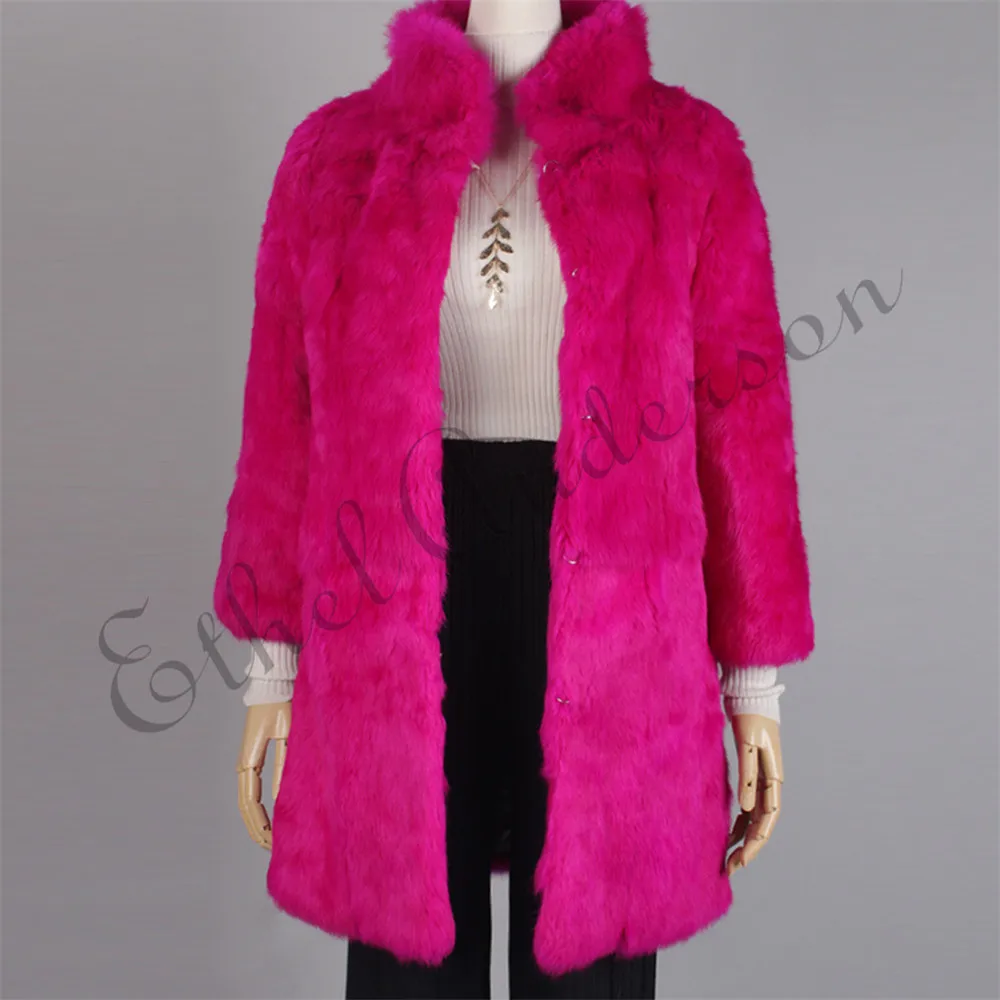 

Ethel Anderson Real Rabbit Fur Coat Stand-up Collar Genuine Rabbit Fur Jacket Long Full Pelt Rabbit Fur Overcoat Winter