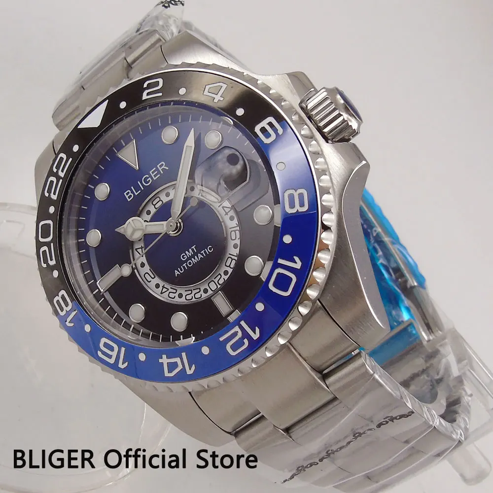 

Sapphire Crystal BLIGER 43MM Blue Black Dial Ceramic Bezel GMT Indicator Luminous Marks Automatic Movement Men's Watch B227