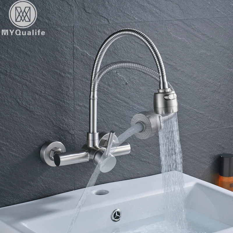 Single Handle Flexible Hose Kitchen Faucet Wall Mounted 360 Degree