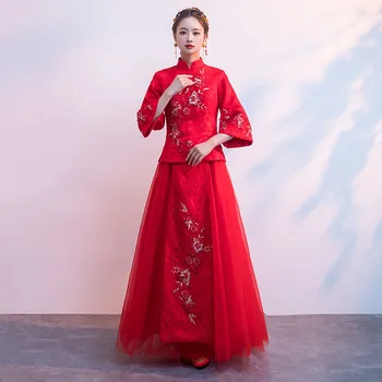

Embroidery Flower Female Wedding Qipao RED Elegant Chinese Style Bride Mesh Dress Traditional Marriage Suit Sheath Cheongsam