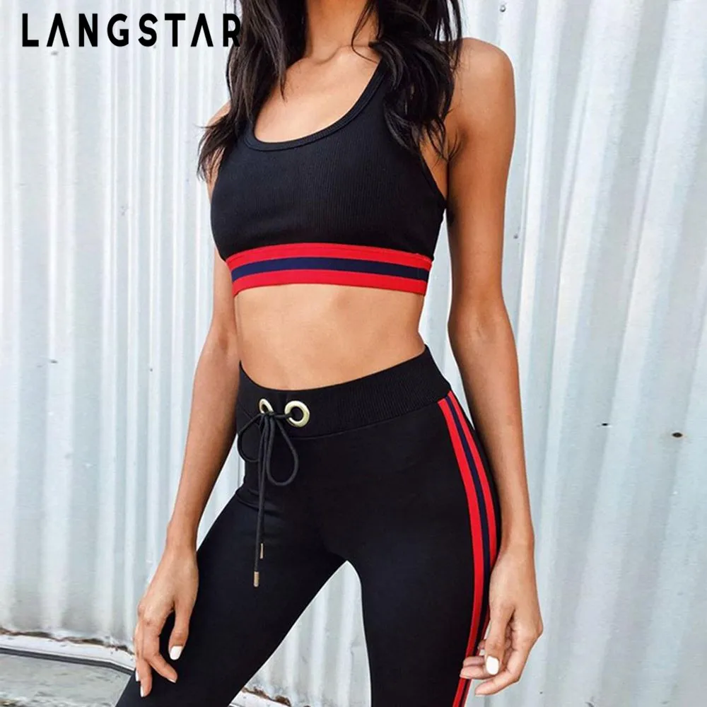 

LANGSTAR Running Tracksuit Women Yoga Sets Vest Fitness Suit Striped Drawstring Pants Gym Sports Suit Workout Clothing Sportwear