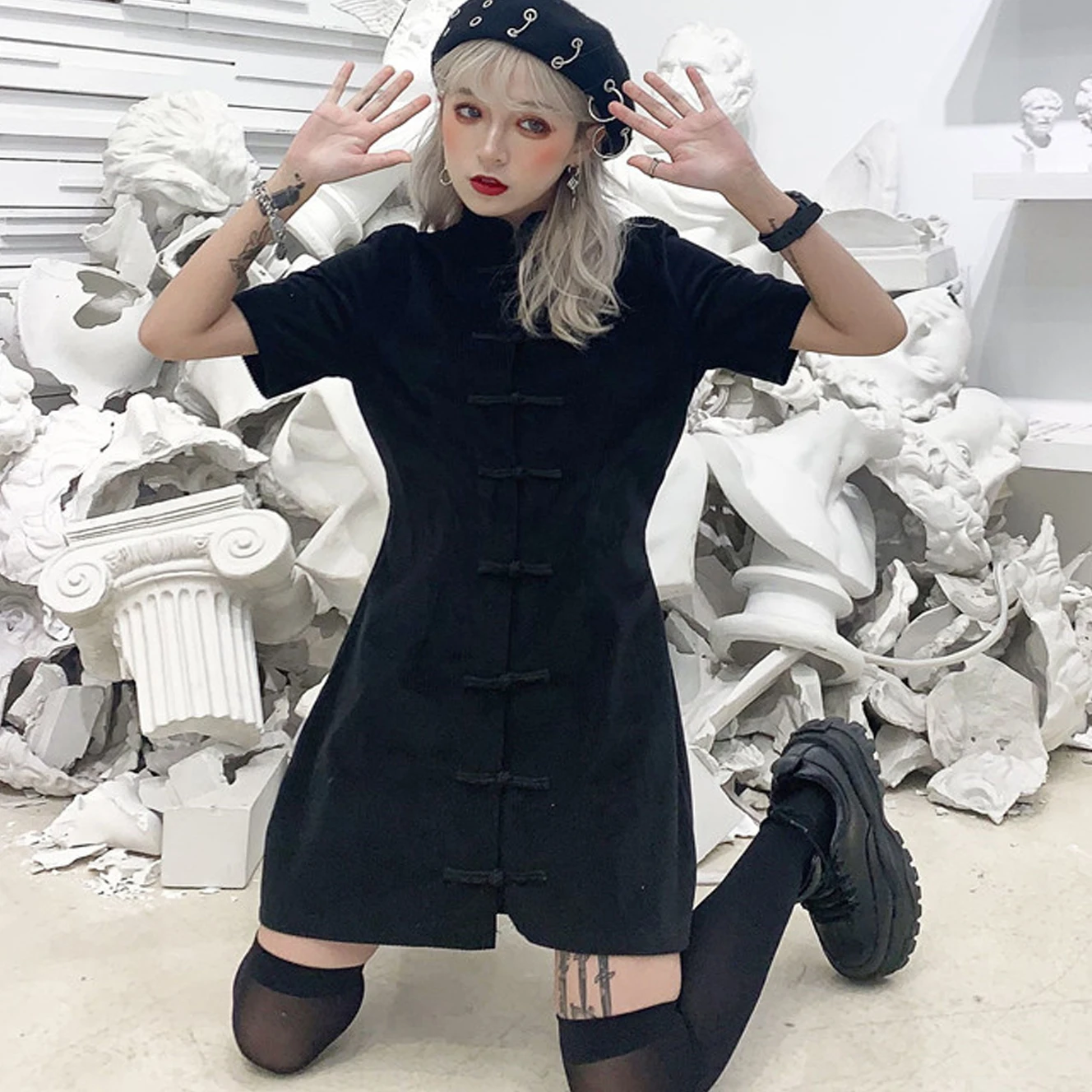 

Gothic Elegant High Waist Slim Cheongsam Button Turtleneck Vintage Mini Corduroy Dress Harajuku Korean Women Sexy Lolita Cosplay