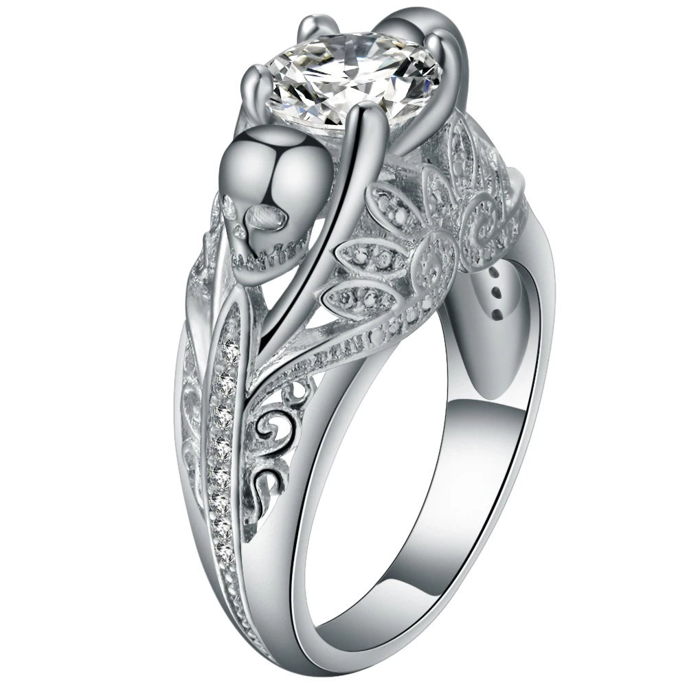 

Punk White Cubic Zirconia Evil Skull Flower Engagement Ring New Silver CZ Wedding Bands Skeleton Party Cocktail Rings For Women
