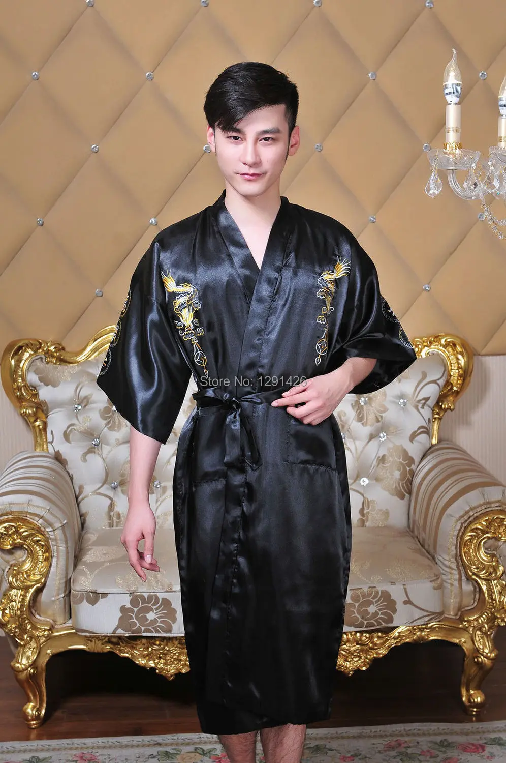 Бесплатная доставка! Китайская мужская шелковая атласная Вышивка в виде дракона юката кафтан халат платье с поясом M L XL XXL XXXL MR0016
