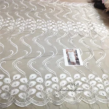 

5yards Nigerian embroidery net fabric best quality feather and sequins tulle mesh lace for sawing dress