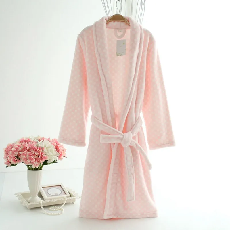 

Soft Print Flannel Bathrobes Robe Women Night Gown Thicken Coral Fleece Pajamas Pink Sleepwear Kimono