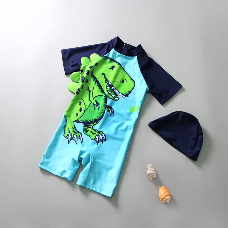 1 7Yrs Baby Boy Swimwear With Hat Kids Swimsuit Dinosaur Pattern One