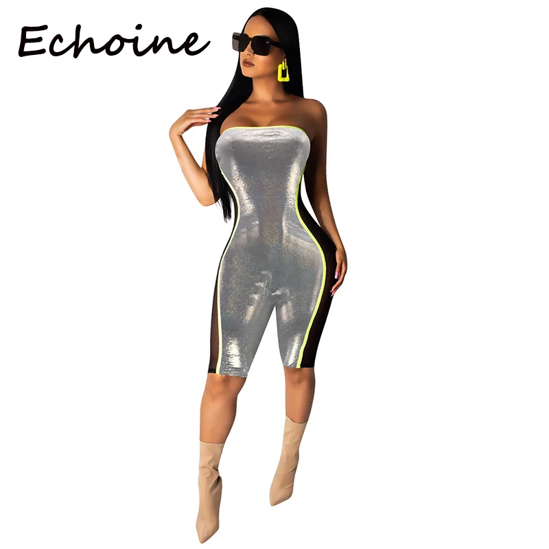 Echoine 2019 Sexy Patchwork Jumpsuit Off Shoulder Sleeveless Bodycon Playsuits Short Romper For Women Outfits | Женская одежда