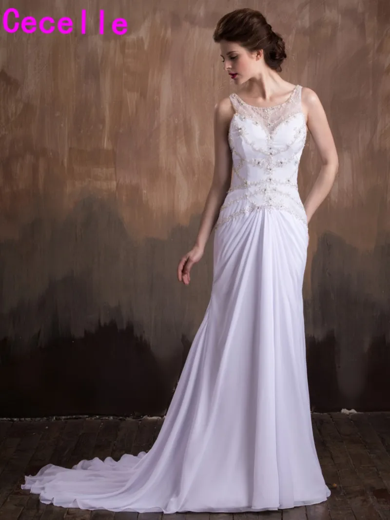 2017 Mermaid Beaded Chiffon Beach Wedding Dresses Sparkly Sleeveless See Through Court Train Bridal Gown Informal