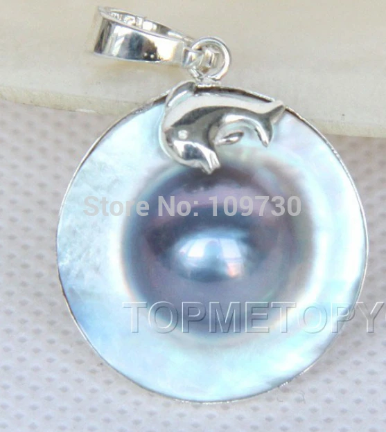 

Jewelr 003463 AAA dolphin 24mm gray South Sea Mabe Pearls pendant 925 silver