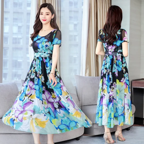 

Plus Size Summer Bohemian Chiffon Beach Dress Women Elegant Slim Floral Print boho Long maxi Dress Ladies holiday Party Dress