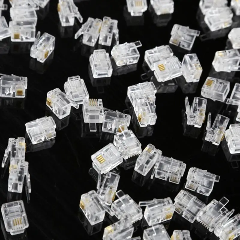 100 шт кристальная головка RJ11 6P4C модульная вилка позолоченные абсолютно новые сетевые разъемы для телефонных кабелей разъемы