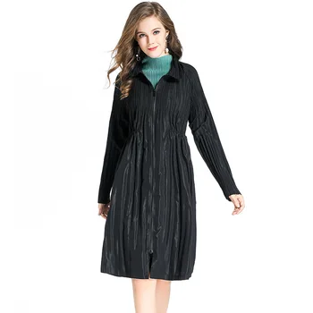 

2018 New Arrival Autumn Women Pleated Office Lady Long Sleeves Turn-down Collar Zipper Casual Lady Solid Trench