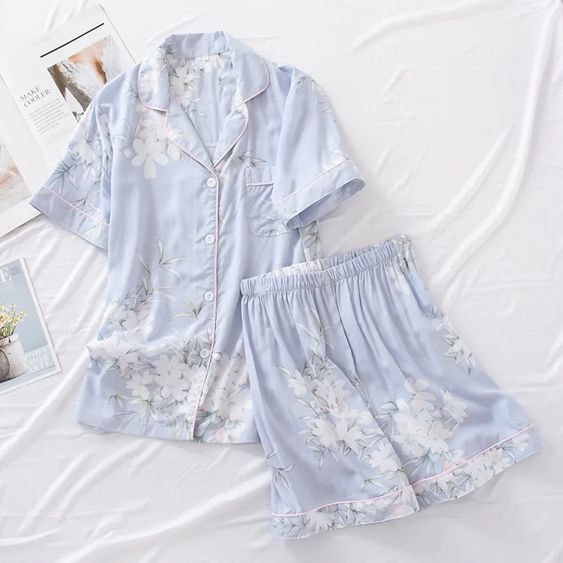 Пижамный комплект из 2 предметов, женская одежда для сна в простом стиле, лето, топ с цветочным принтом и отложным воротником+ шорты, комфортный комплект домашней одежды