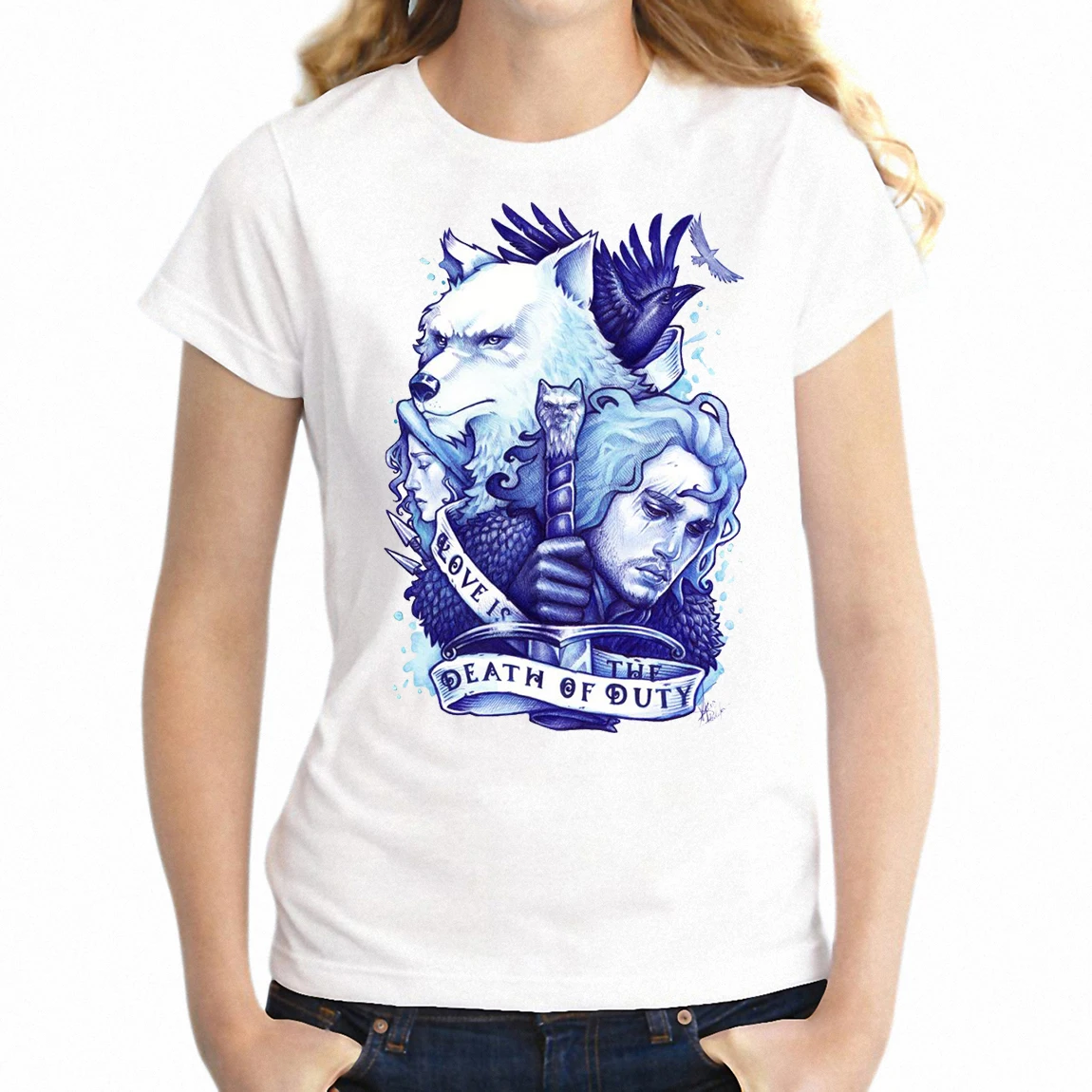 

Women's T Shirt Game of Thrones Jon Snow King In The North and Ghost Girl's Tee