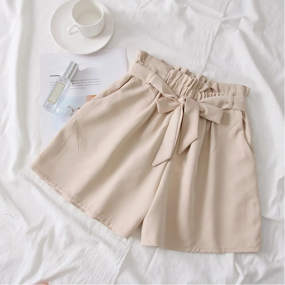 

Summer Women Belt Wide Leg Shorts High Street Korean High Waist Bow Loose Shorts Lace Up Solid Casual Shorts