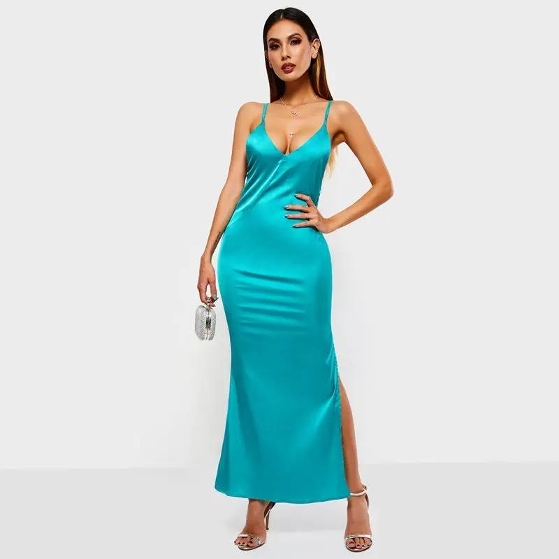 

Sexy Party Elegant Long Dress Women Backless Split V Neck Summer Plain Sleeveless Stylish Evening Strap Bodycon Dresses Female