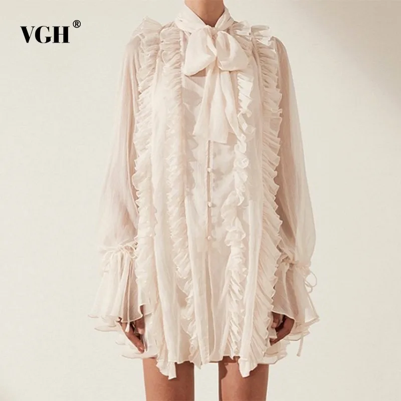 

VGH Summer Ruffles Dress Women Bow Collar Long Flare Sleeve Button 2019 Solid A Line Mini Dresses Female Fashion New Korean