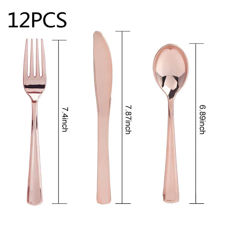 Rose Gold Metallic Forks Spoons and Knives sets Disposable Tableware for Party 