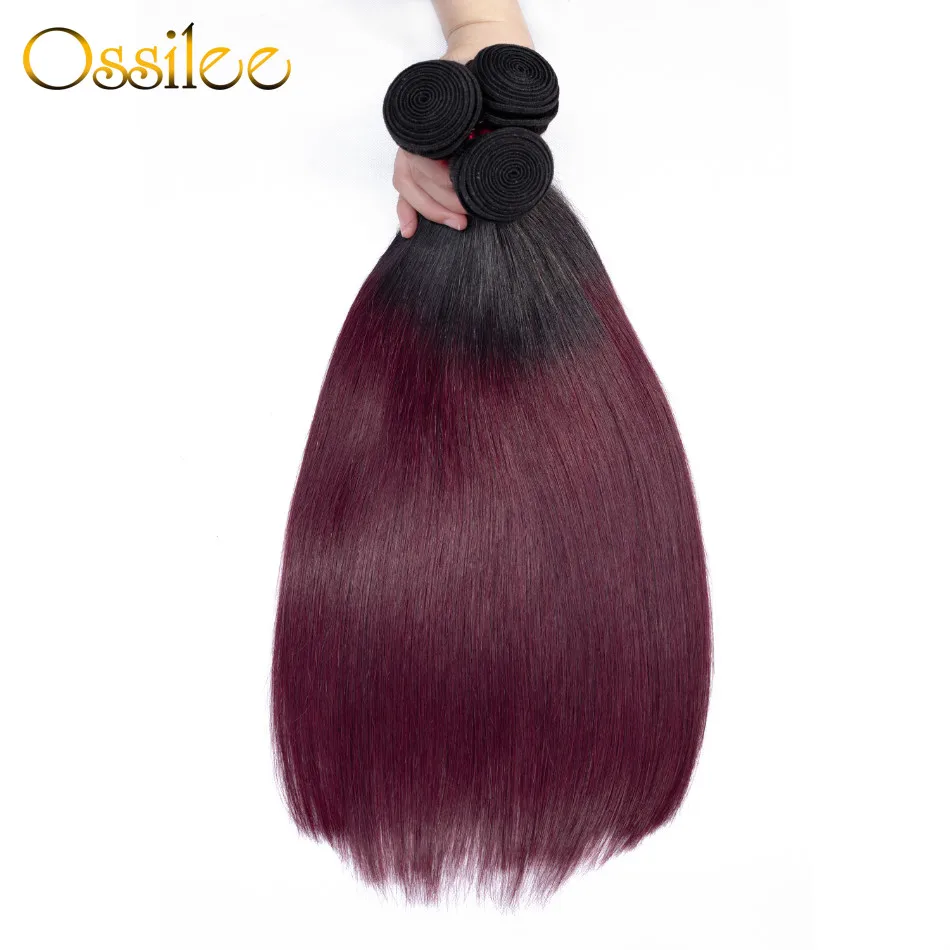 Ossilee Ombre Brazilian Straight Hair Bundles 1B 99J/Burgundy Two Tone Red Human Hair Bundles NonRemy Hair Extension 1/3/4 Pcs
