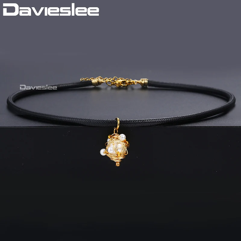 

Davieslee Chocker For Women Stainless Steel Simulated Pearl Charm Black Leather Necklaces Woman Jewelry Dropshipping 3mm DDNM04