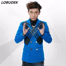 Бар синий мужской костюм пиджак верхняя одежда для мальчиков танцор певец представление шоу ночной клуб Тонкий звезда Выпускные вечерние