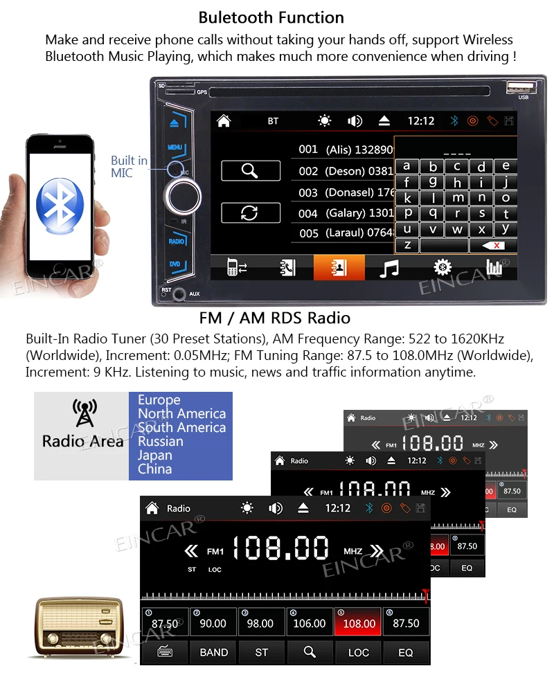 Top Double Din 6.2" Touchscreen In Dash Stereo GPS Navi Car Receiver Audio DVD Player Bluetooth AM/FM Radio/TF/USB/AUX-in/Subwoofer 3
