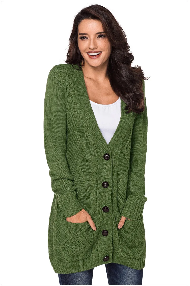 Модные осенне-зимние теплые женский трикотажный свитер новый кнопку открыть карман вязаный кардиган свободные пальто и пиджаки женские