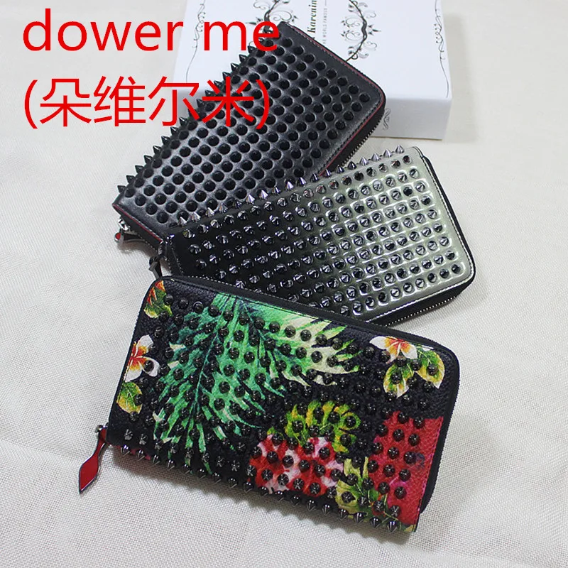 

New Arrival Genuine Leather Unisex Mini Wallets New Rivets Long Purse Female Leather Hand Bag Zipper Large Capacity Men's