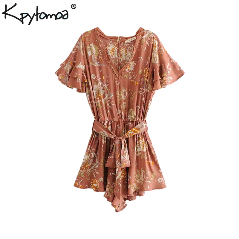 

Boho Chic Summer Vintage Floral Print Patchwork Playsuits Women 2018 Fashion Clothing V Neck Sashes Beach Jumpsuits Body Femme
