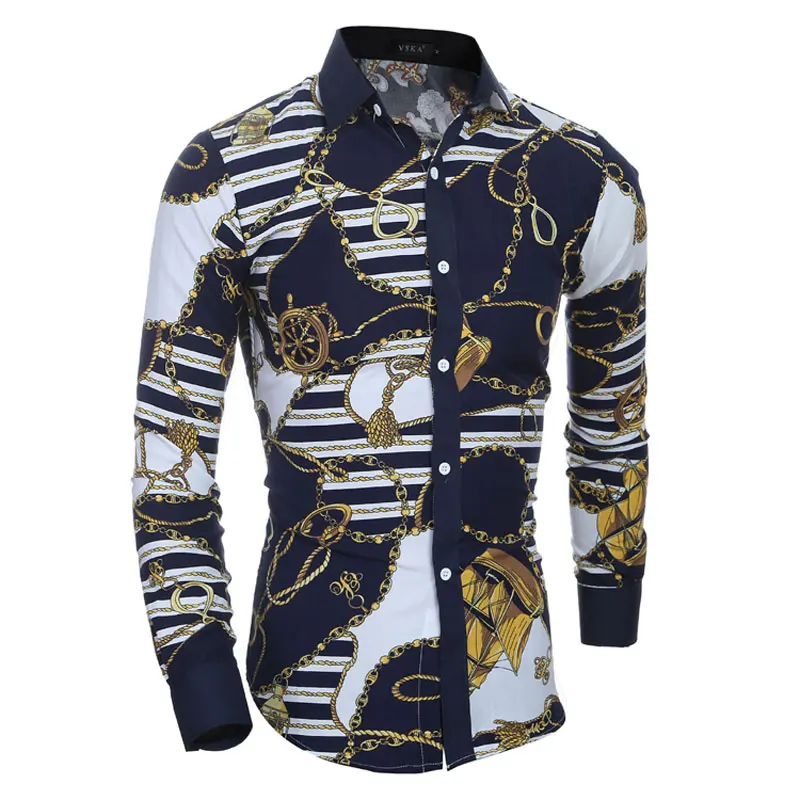 

2016 Vintage Golden Chains Prints Men Shirt Fashion Mens Dress Shirts Long sleeve Slim fit Social Camisa Masculina Chemise homme