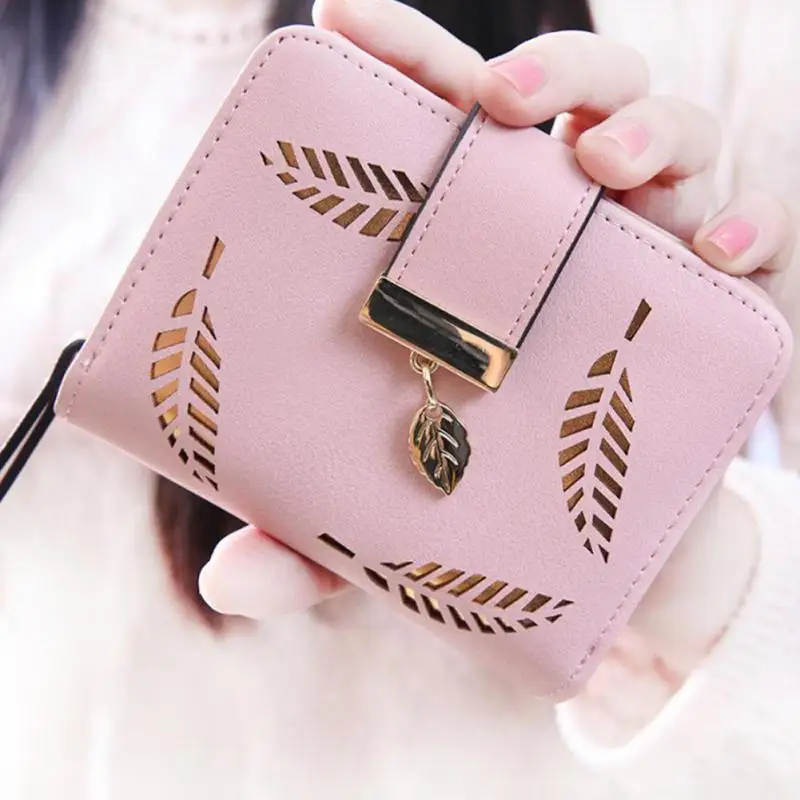 

New fashion female Wallet Short hollow leaf women wallet lady small pu leather purse girl card holders wallet