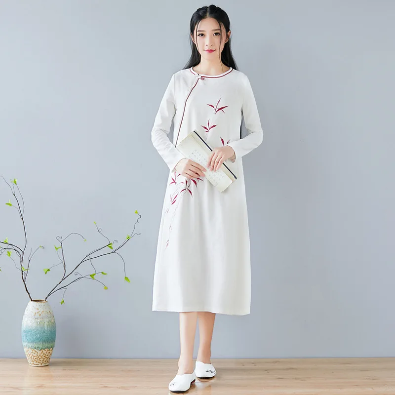 

Autumn Cotton Linen Dress Button Hand-painted Long Dress Literary Dress Zen Chinese Style Tea Service Female