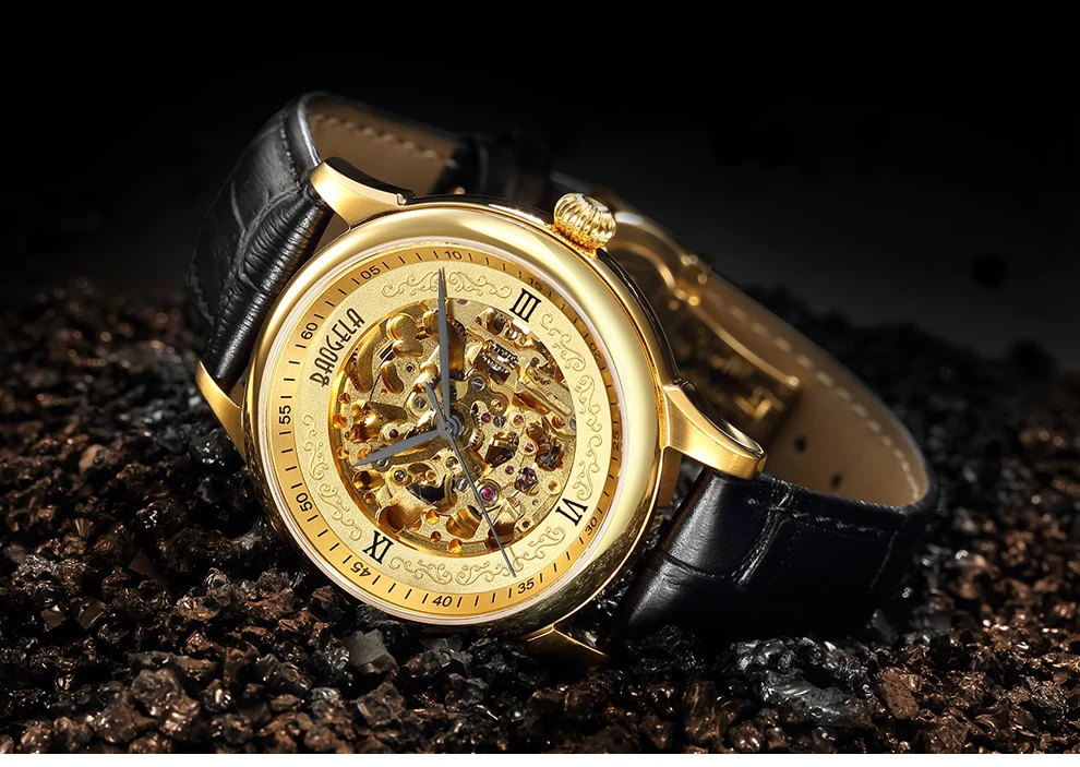 

Baogela Men Watch Skeleton Automatic Mechanical Leather Band Mans Fashion Business Watches Montre Homme Masculino Wristwatch