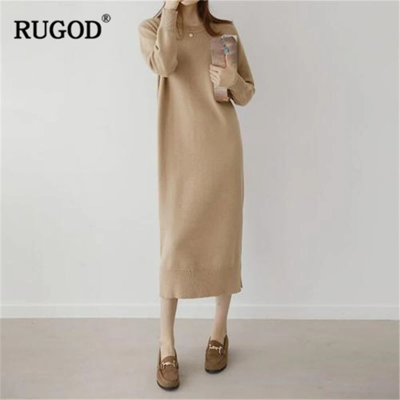 Женское прямое платье свитер RUGOD однотонное до середины икры в стиле преппи с