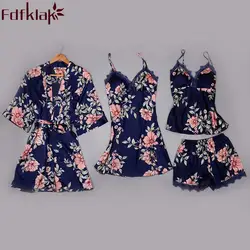 Fdfklak Pijama летние пижамы Для женщин 2018 Новый 4 шт. черный цветочный комплект одежды для сна сексуальное белье, пижамы комплект домашней одежды