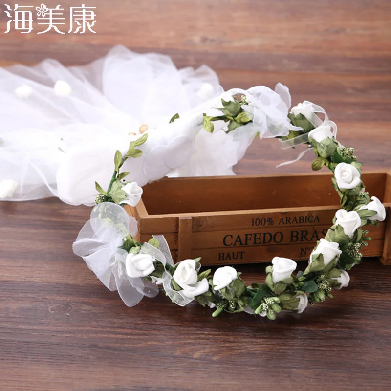 

Haimeikang Wreath Veil Bridal Headdress Beach Flower Hat Accessories Flower Wedding Veil Accessories Head Ornaments