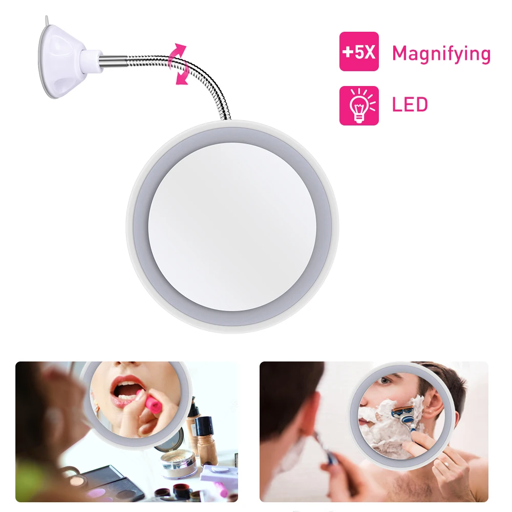 

5x Magnifying LED Lighted Makeup Mirror with 360 Rotation Flexible Gooseneck USB Powered Shaving Bathroom Folding Cosmetic Tools