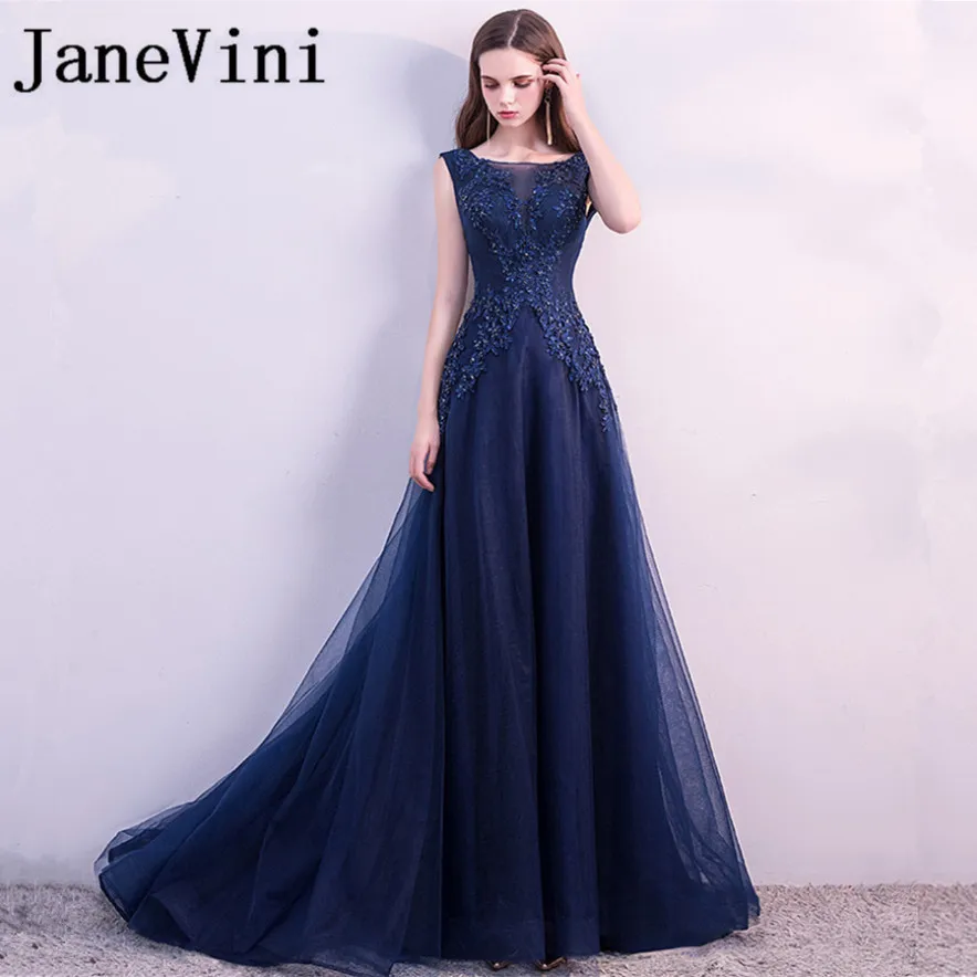 

JaneVini 2018 Charming Navy Blue Long Bridesmaid Dresses A Line Lace Appliques Beads Tulle Sweep Train Women Wedding Party Dress