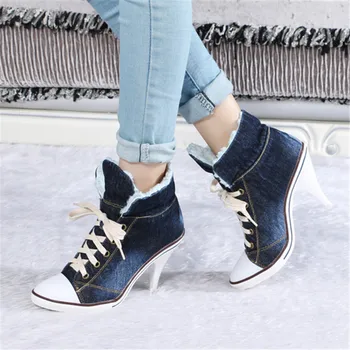 

2020 New Women Winter Warm Denim Boots Female Lace Up Ankle Boots High Heel Fur Snow Botas Mujer Women Pumps Stiletto