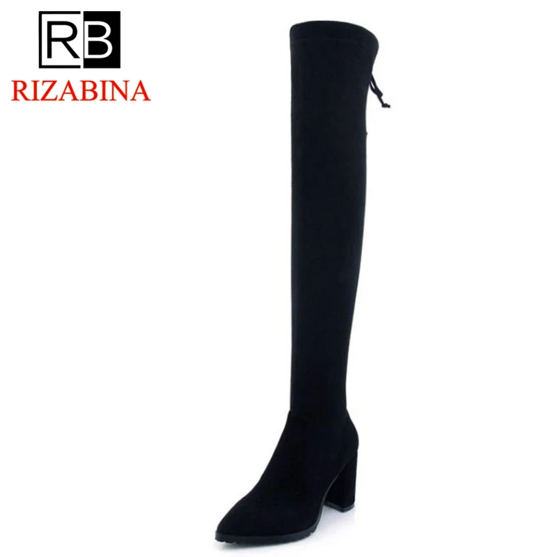 

RizaBina Women High Heel Boots Fur Genuine Leather Rivets Women Over Knee Boots Woman Shoes Botas Female Footwear Size 34-39