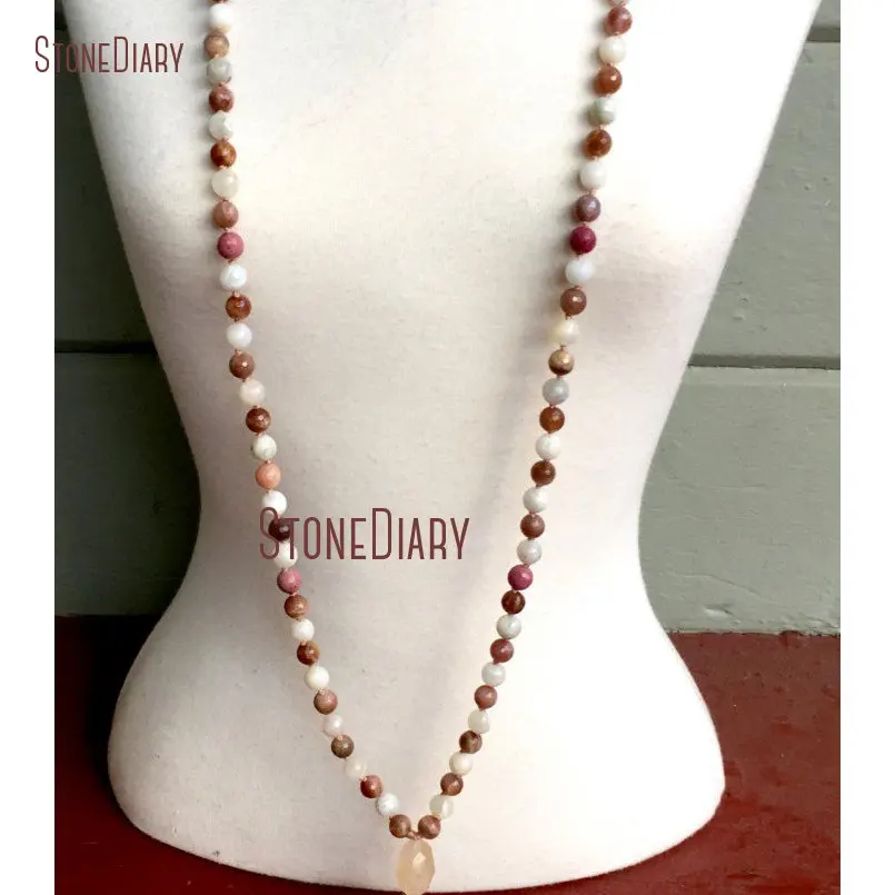 20180313-NM11083-10mm Faceted Moonstone Pave Diamond Sunstone Rhodonite 108 Mala Beads Goddess Yoga Jewelry Heart and Intuition Crown Chakra Silk Sari Tassel_4