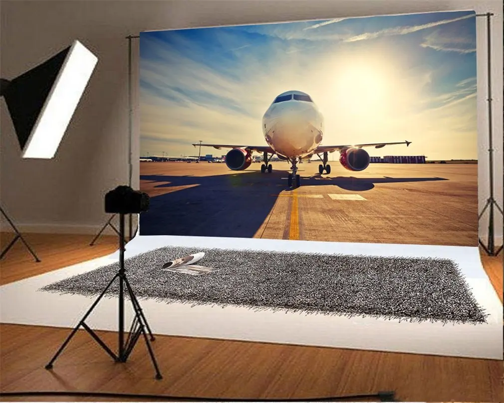 

Photography Backdrop Airplane Parking Square Sunshine Blue Sky White Cloud Nature Travel Photo Background Party