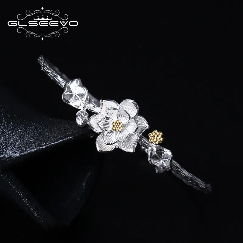 

GLSEEVO 925 Sterling Silver Retro Lotus Flower Beautiful Bracelet & Bangle For Women Bangle Handmade Fine Jewelry GB0040