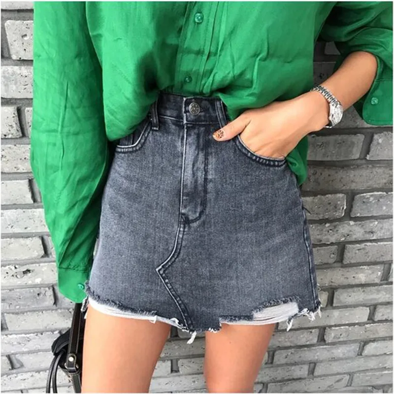 

2019 Korean version of the new high waist high elastic thin slim bevel wild personality irregular denim skirt