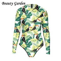 Красота сад Для женщин с модным принтом комбинезоны с длинными рукавами и рисунком с круглым вырезом пикантные тонкий боди для Для женщин