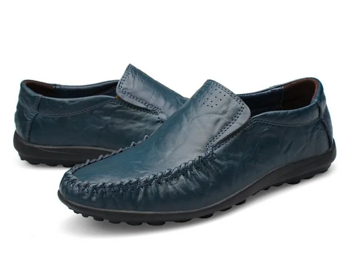 Новые Фирменные повседневные мужские лоферы из натуральной кожи на плоской подошве; мокасины ручной работы; большие размеры Euro38-48 - Цвет: blue spring shoes