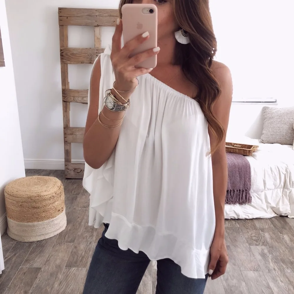 

2018 Summer New Women Chiffon Blouses Shirts Sexy One Shoulder Sleeveless Solid Plus Size Shirts Blouse Team Epic S- 3XL 4XL 5XL
