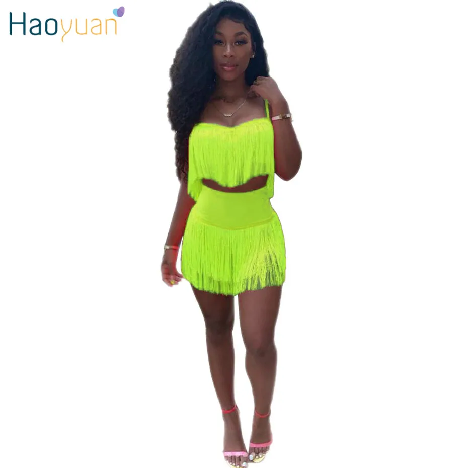 

HAOYUAN Neon Green Pink Sexy Two Piece Set Women Festival Rave Clothes Tassel Crop Top and Mini Skirts 2 pcs Summer Club Outfits