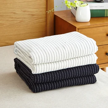 

100% Cotton Yarn White and Blue Striped Blanket 150*200 200*230cm for Full Queen Size Bed Japanese Bed Covers Hotel Home Textile